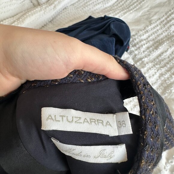 Altuzarra Peplum Pencil Dress Sz 38 Blue Black Gold Tweed Ruffle Trim - Picture 2 of 8